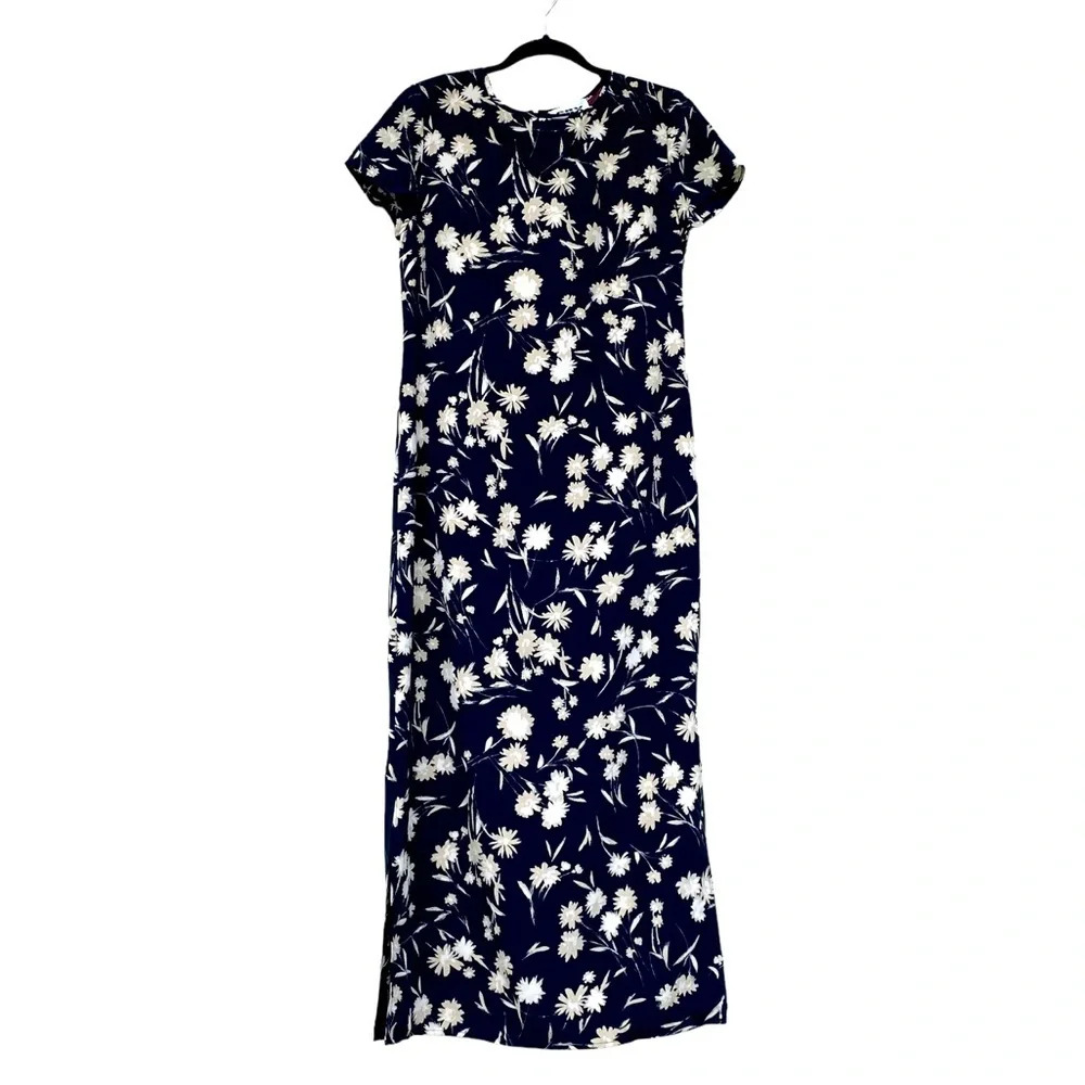 VTG SILX August Silk 100% Silk Floral Maxi Dress Navy & Cream SZ XL Side Slits